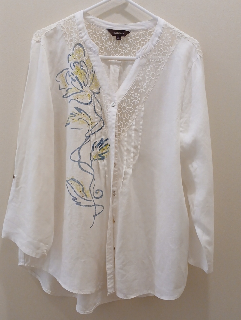 Multiples Linen White Lace-Trim Button Front Top with Floral Accent